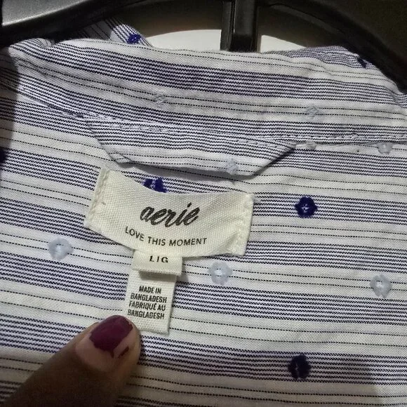 Aerie Women's Striped Tie Up Collared Loungewear Shirt Size Large - Picture 3 of 9